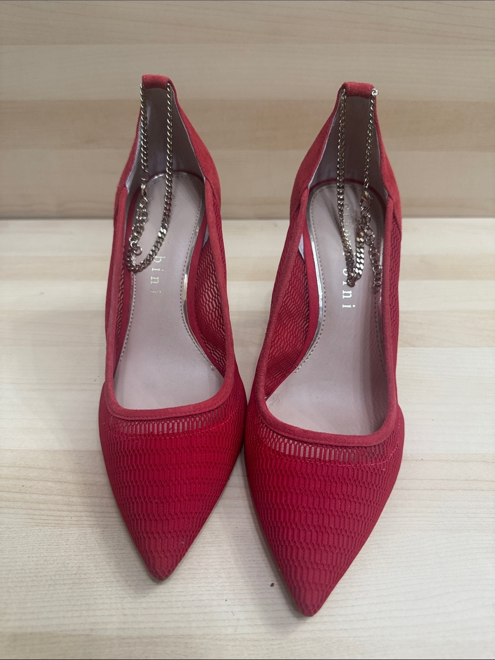 Gianni Bini Red Pointed Toe Pumps with Gold Chain Ankle Strap